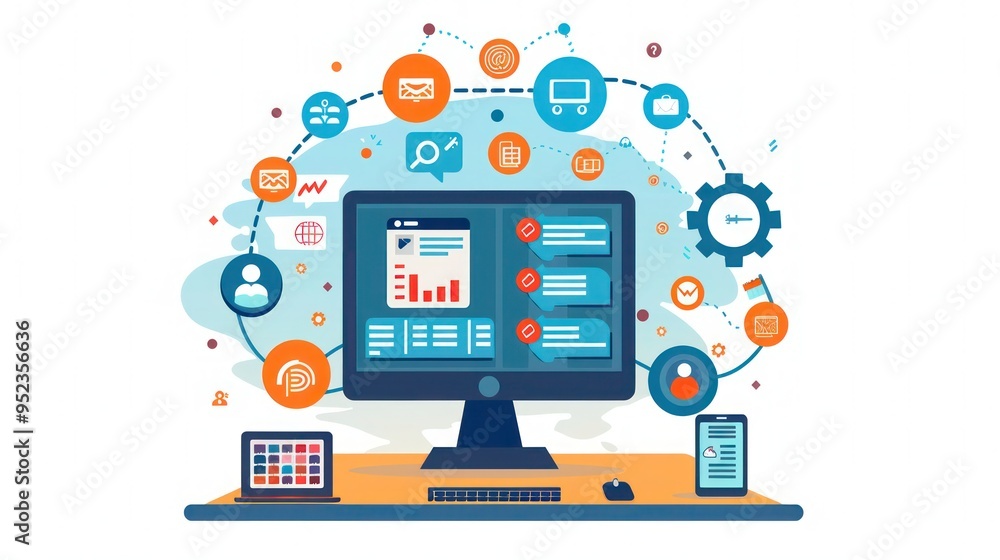 Poster illustration of computer consulting services with it support icons.