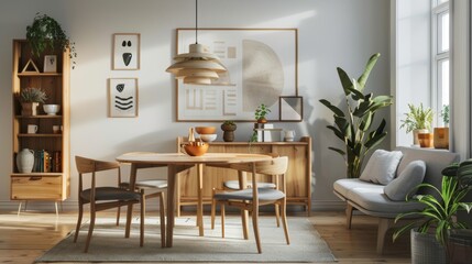 Stylish scandinavian studio apartment with a modern living room and minimalist design elements