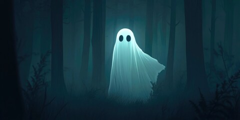 A ghost in a pitch-black forest, eerie figure posing
