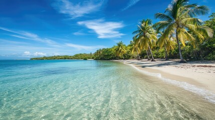 A tropical beach with clear, shallow sea water, palm trees swaying in the breeze, and a bright blue sky.