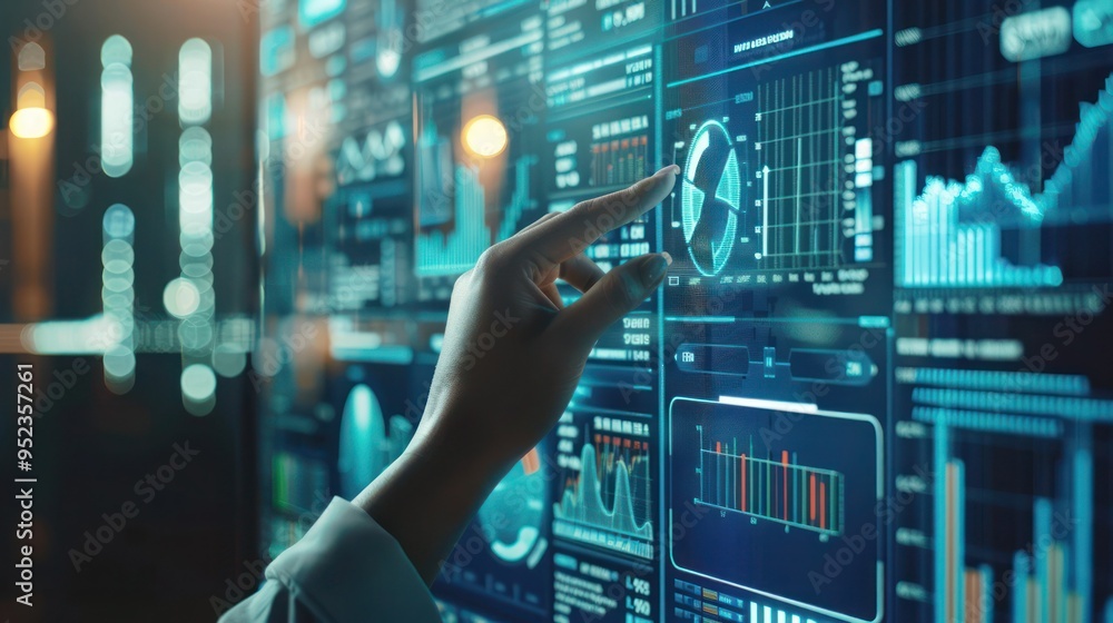 Poster digital interface showing finance consulting solutions and financial advisory.