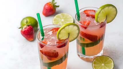 Two mojito cocktails with strawberry and lime fruits isolated on white background