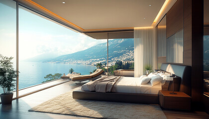 Fototapeta premium bedroom setup with beautiful view generated by AI