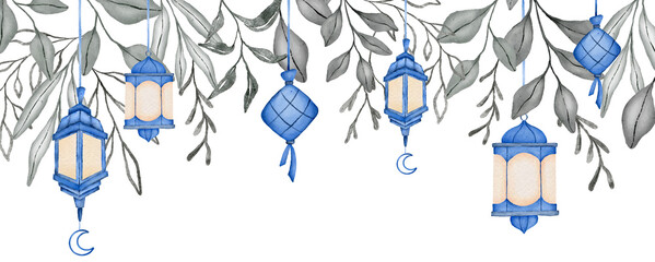 Watercolor Blue Islamic Lampion Frame Border with Leaf