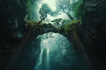Obraz premium A mystical forest scene with towering trees, cascading water, and ethereal light filtering through the lush canopy.