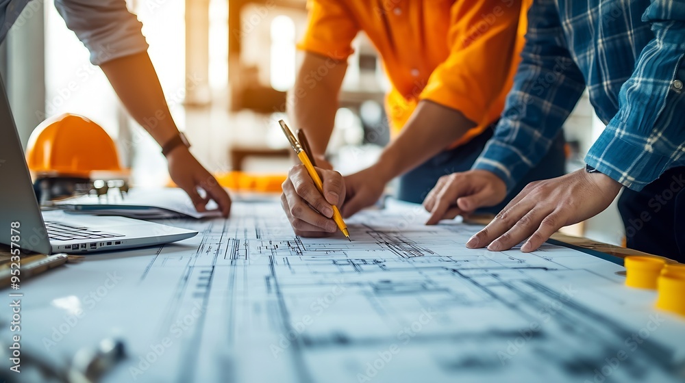 Poster top view of civil engineer team holding blueprint and standing at table with laptop project plan and