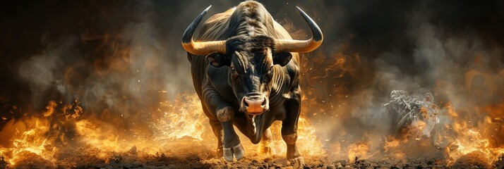 Naklejka premium Fierce Bull Charging Forward Symbolizing Stock Market's Rise with Intense Dark Background
