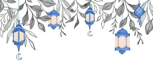 Watercolor Blue Islamic Lampion Frame Border with Leaf
