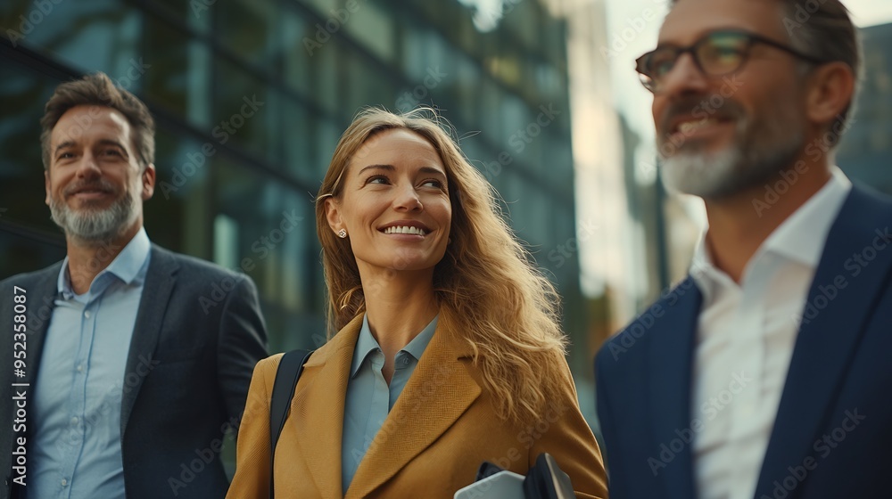 Poster group of business people walking outside in front of office buildings successful colleagues talking 