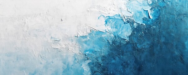 An artwork displaying abstract paint textures in white and blue on a wall.