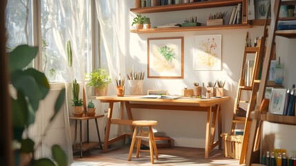Cozy Creative Workspace with Natural Lighting and Pastel Accents