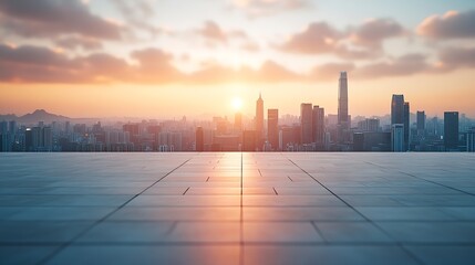 Empty square floors and city skyline with modern buildings at sunset : Generative AI