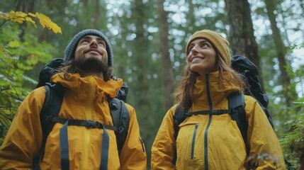 A close-up view of two smiling hikers in yellow jackets looking up at the forest canopy.  