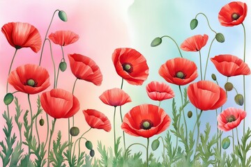 Fototapeta premium Soft Red Poppy Petals on Calming Pastel Background - Floral Watercolor AestheticCharming Red Poppy Blossoms on a Serene Pastel Tone Watercolor Artwork