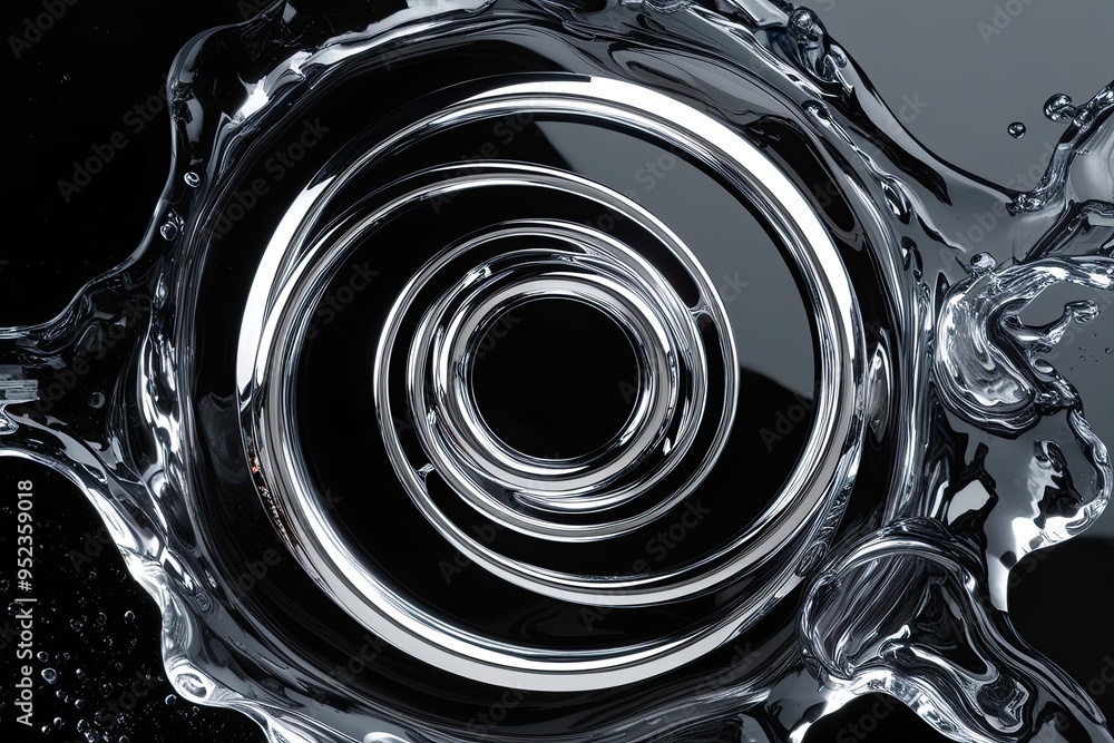 Poster dynamic chrome halo rotating in liquid flow against a black background