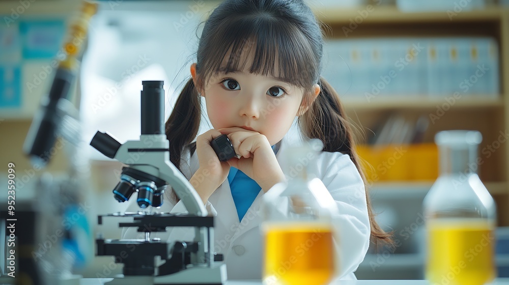 Leinwandbilder portrait asian little female kid in scientist uniform trying to use a microscope doing a chemistry lab experiment in science classconcept education science class workshop : Generative AI