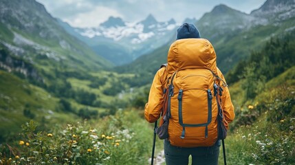 A hiker with a large yellow backpack stands on a lush mountain trail, surrounded by vibrant greenery and distant snow-capped peaks.

