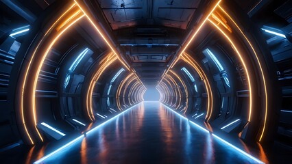 Obraz premium A tunnel that is dark and lit by lasers, with futuristic neon lighting and metal panels