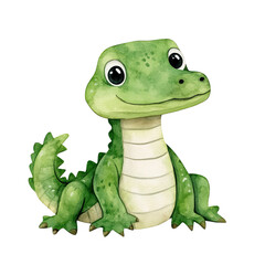 Fototapeta premium A cute baby crocodile watercolor clipart, perfect for nursery, isolated on white background