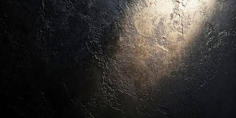 Close-up of a dark graphite surface with a rough texture on a black wall, concrete flooring, or an old grunge backdrop lit by sunlight for a modern background design idea of textures and background