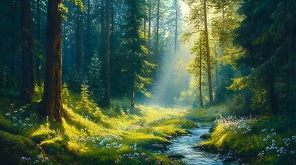 Obraz premium Enchanting Impressionist Forest Landscape with Winding Creek and Vibrant Wildflowers