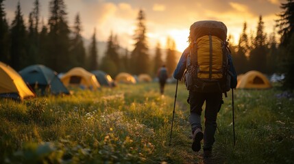A hiker with a large backpack and trekking poles walks through a sunlit campsite at dusk, surrounded by tents and tall pine trees.

