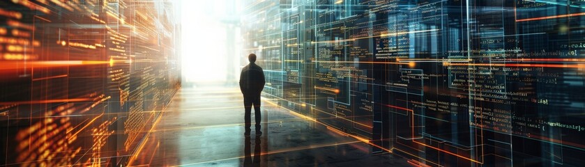 Fototapeta premium A person stands in a futuristic corridor surrounded by glowing data streams, symbolizing technology and innovation.