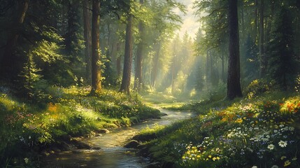 Obraz premium Enchanting Lush Forest Landscape with Sunbeams Winding Creek and Vibrant Wildflowers