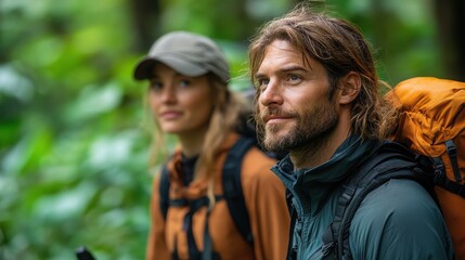 Obraz premium A close-up of a male and female hiker in a lush green forest, both appearing focused and content.