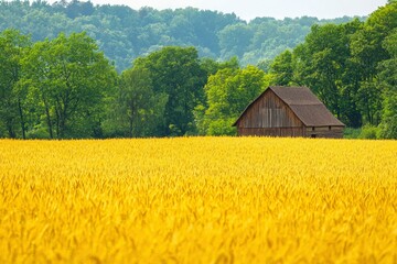 A Rustic Wooden Barn Stands Amidst a Field of Golden Wheat
