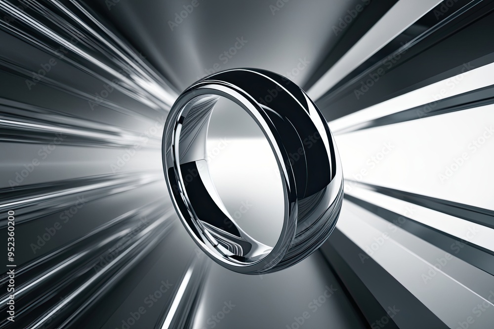 Poster dynamic bold metallic ring in radiant chrome floating through an endless void