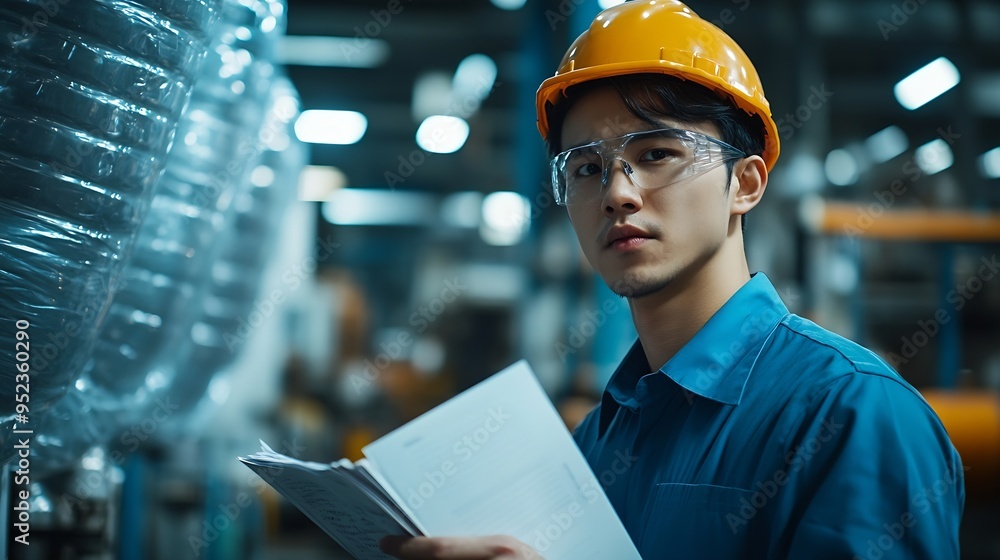 Poster asian male engineer in plastic industry factory looking at notes and making business plans checking 