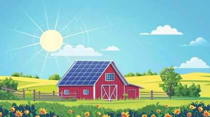 Green energy cartoon vector farm with solar cells installed on the barn and farmhouse roofs harnessing sunlight for power in a picturesque agricultural scene