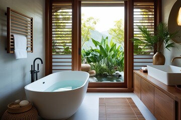 Fototapeta premium Tranquil Zen Bathroom Scene with Soaking Tub and Stylish Decor