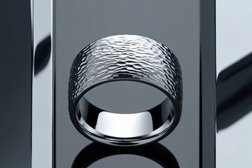 Textured Silver Ring Gliding in a Void: Reflective Chrome and Liquid Metal Contours