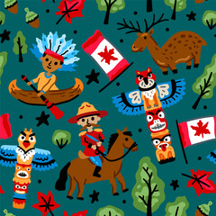 Bright cheerful children seamless vector pattern with symbols of Canada. American Indian, maple leaf, indian totem, mounted police. Alaska landmarks. Childish travel Forest background. North America