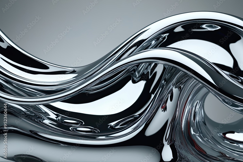 Poster mesmerizing shiny liquid mercury shapes with dynamic chrome waves and glossy pooled drops