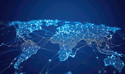 A low-poly map of the world. A grid of lines and points. Blue background.