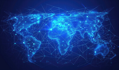 A low-poly map of the world. A grid of lines and points. Blue background.