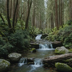 Fototapeta premium Serene Forest Stream A Peaceful Retreat - Generative Ai