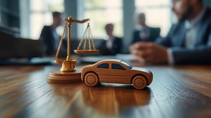 Small little wooden toy car sound block gavel and scales of justice on office table with people talking in background Legal services court law insurance accident lawyer concept : Generative AI