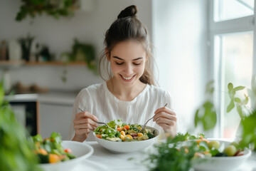woman eating vegetarian food in kitchen