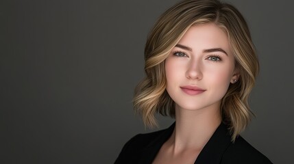 Professional headshot of a woman in a business suit with a soft focus and clean backdrop