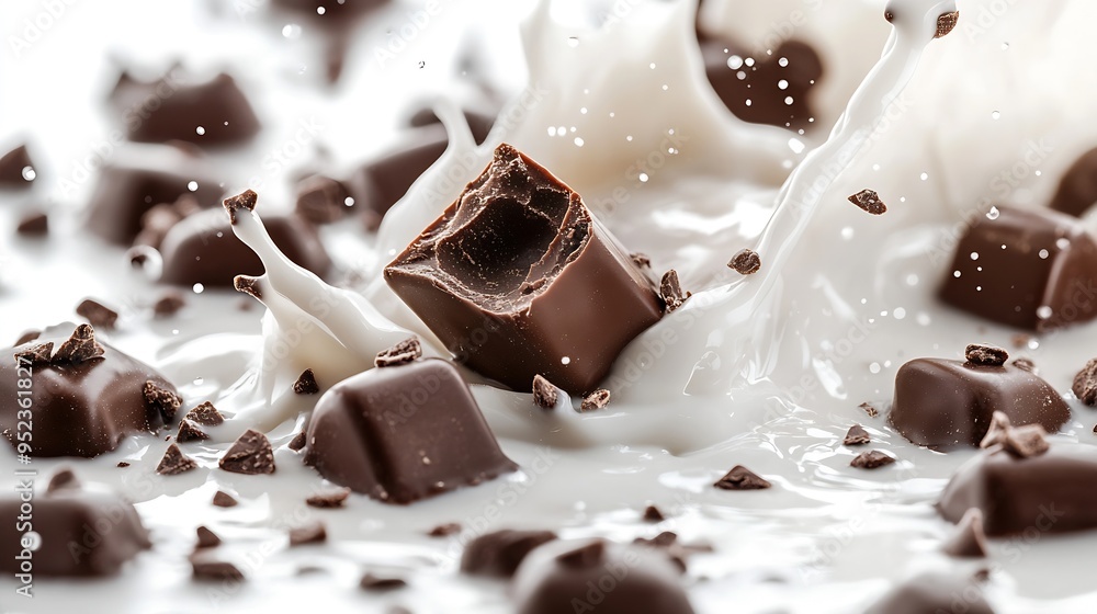 Poster chocolates in milk splash isolated on white background : generative ai