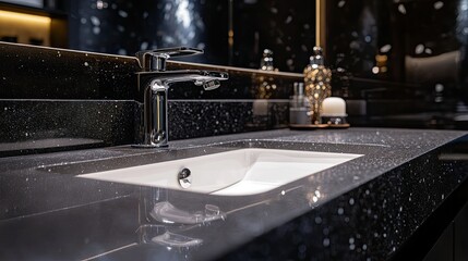 Close-up of a luxury bathroom sink with a sleek faucet and polished countertop, featuring a modern and elegant design.