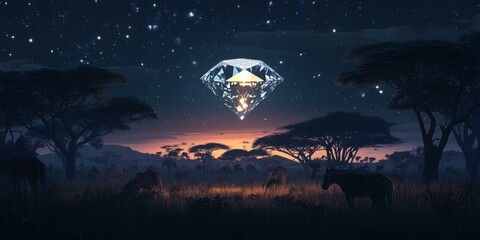 Fototapeta premium A diamond floats over a savanna at night.