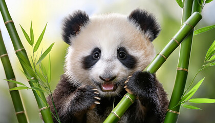 Fototapeta premium Sweet Baby Panda with Bamboo