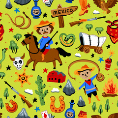 Bright cheerful children seamless vector pattern with American western cowboy from wild west rural Landscape. Childish background. Wild West. Texas. Cheerful characters with animals and plants.