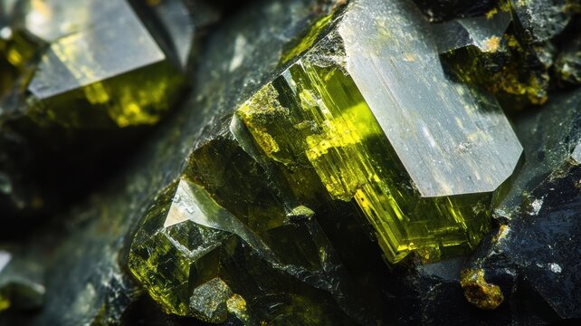 Detailed view of green andradite garnet with intricate crystal structures.