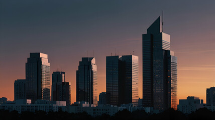 A minimalist cityscape at dusk, with sleek, modern buildings silhouetted against a gradient sky. Background